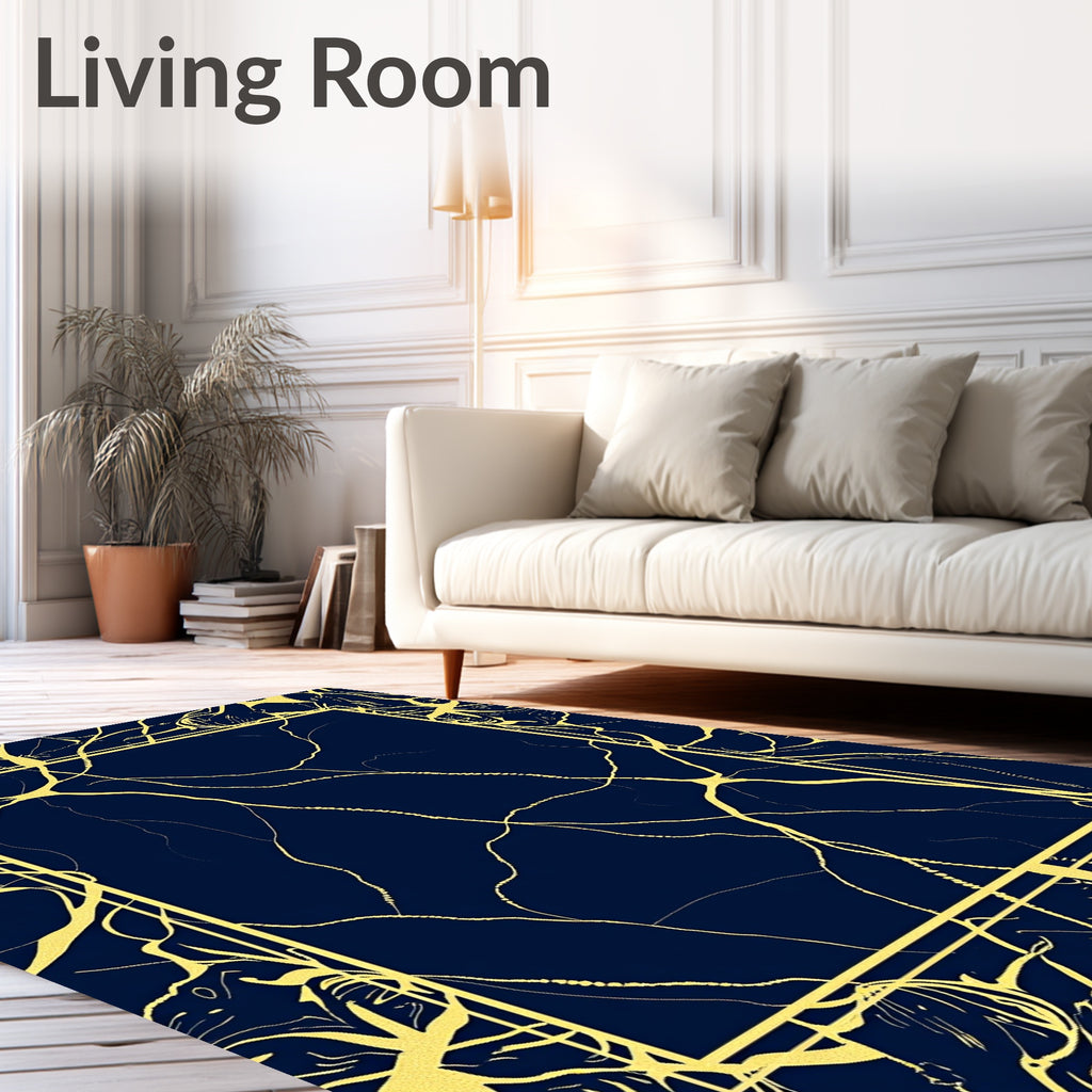 Navy Gold Crackle Contour Frame Rug