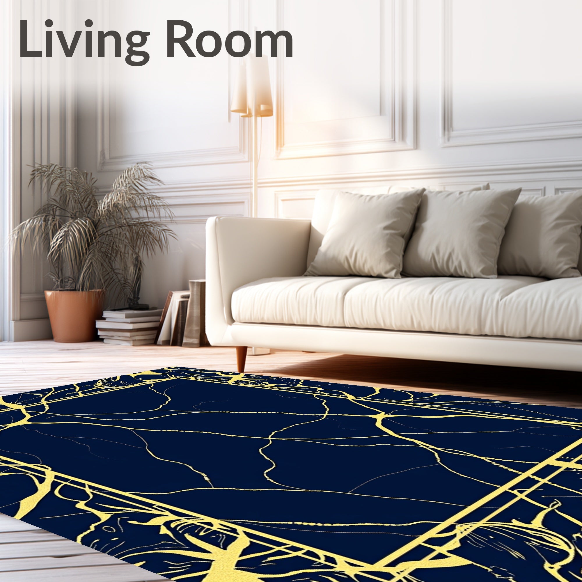 Navy Gold Crackle Contour Frame Rug