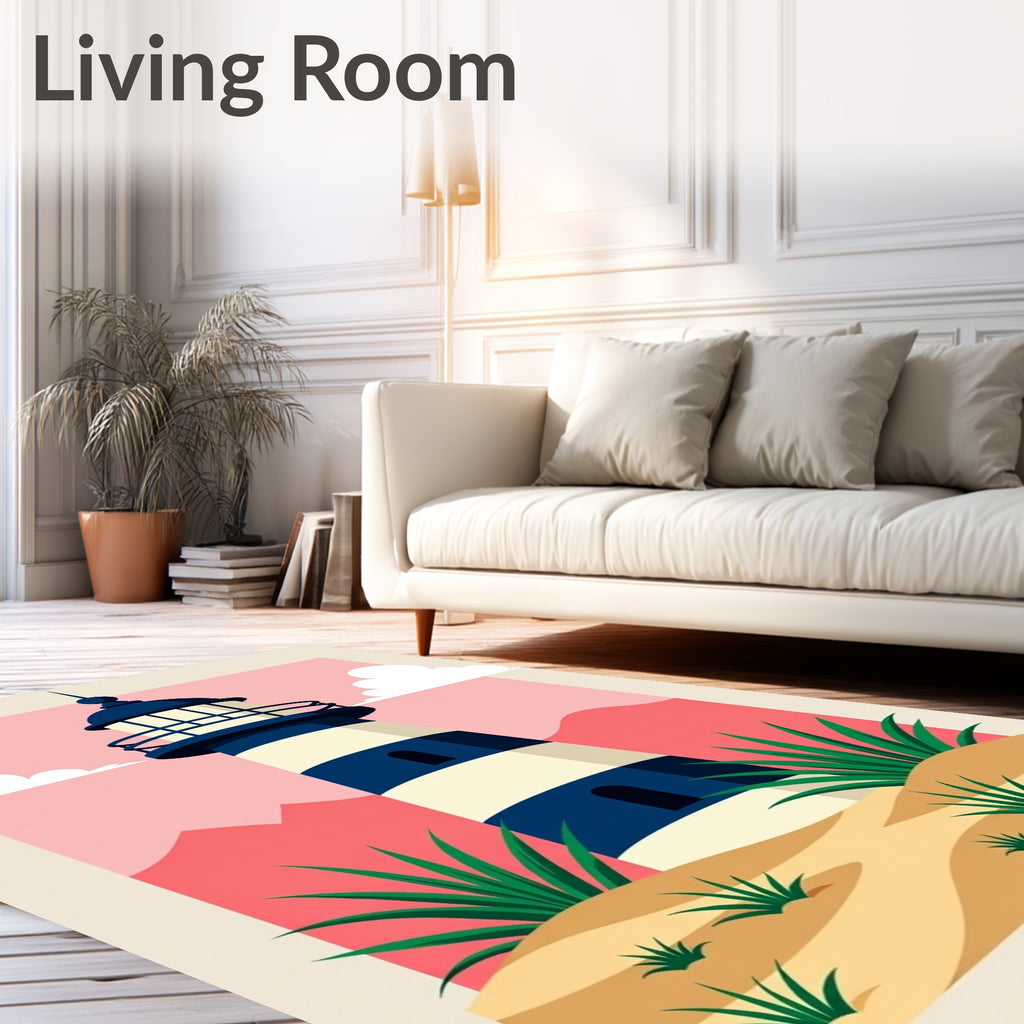 Coastal Lighthouse Sunset Scene Rug