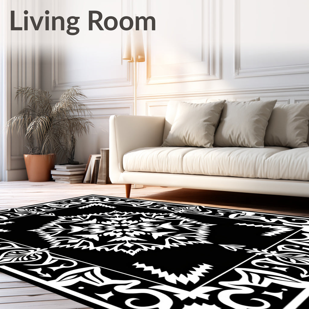 Black and White Floral Mandala Border Rug