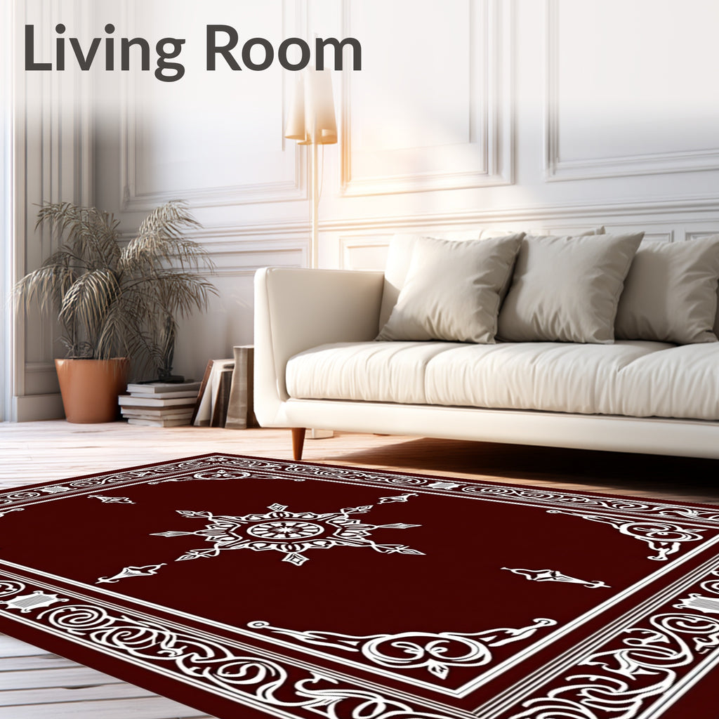 Deep Red White Floral Medallion Border Rug