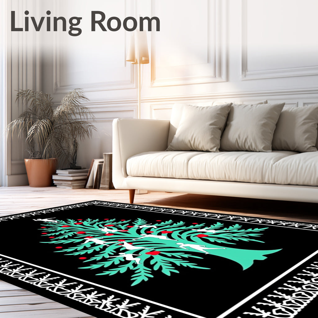 Black Aqua Red Folk Tree Figures Rug