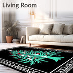 Black Aqua Red Folk Tree Figures Rug