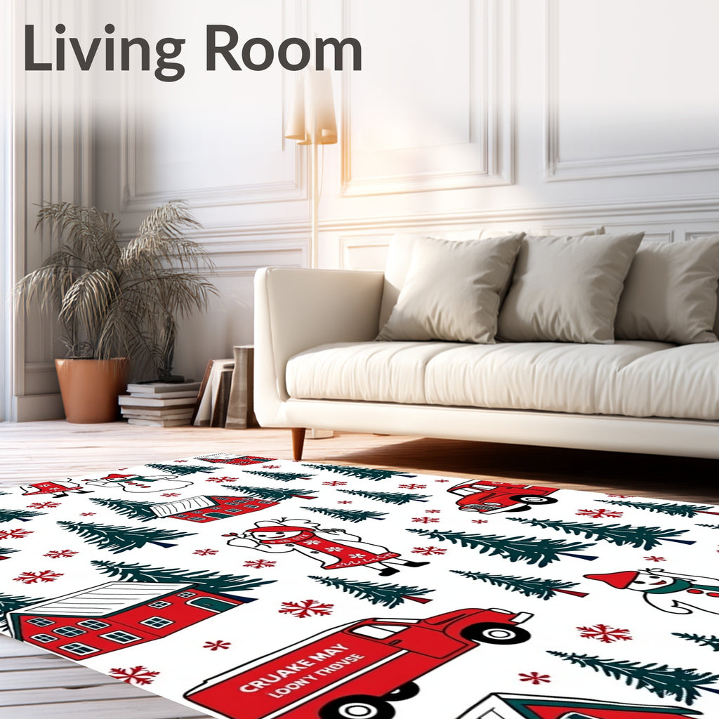 Holiday Village Red Snowman Trees Rug