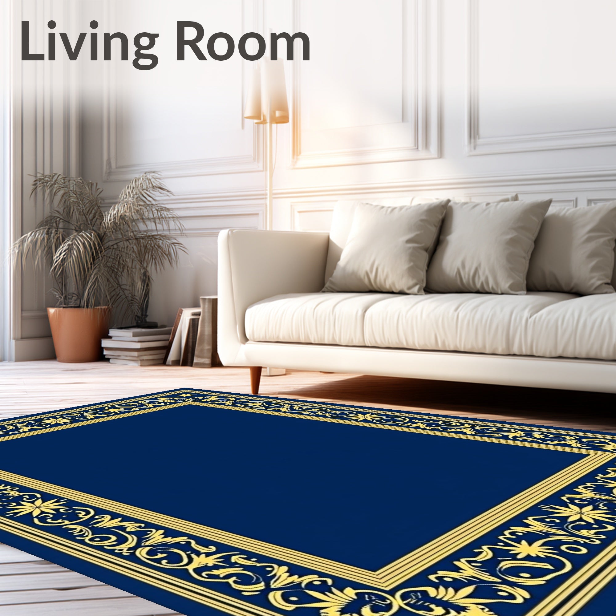Regal Blue Golden Floral Border Rug