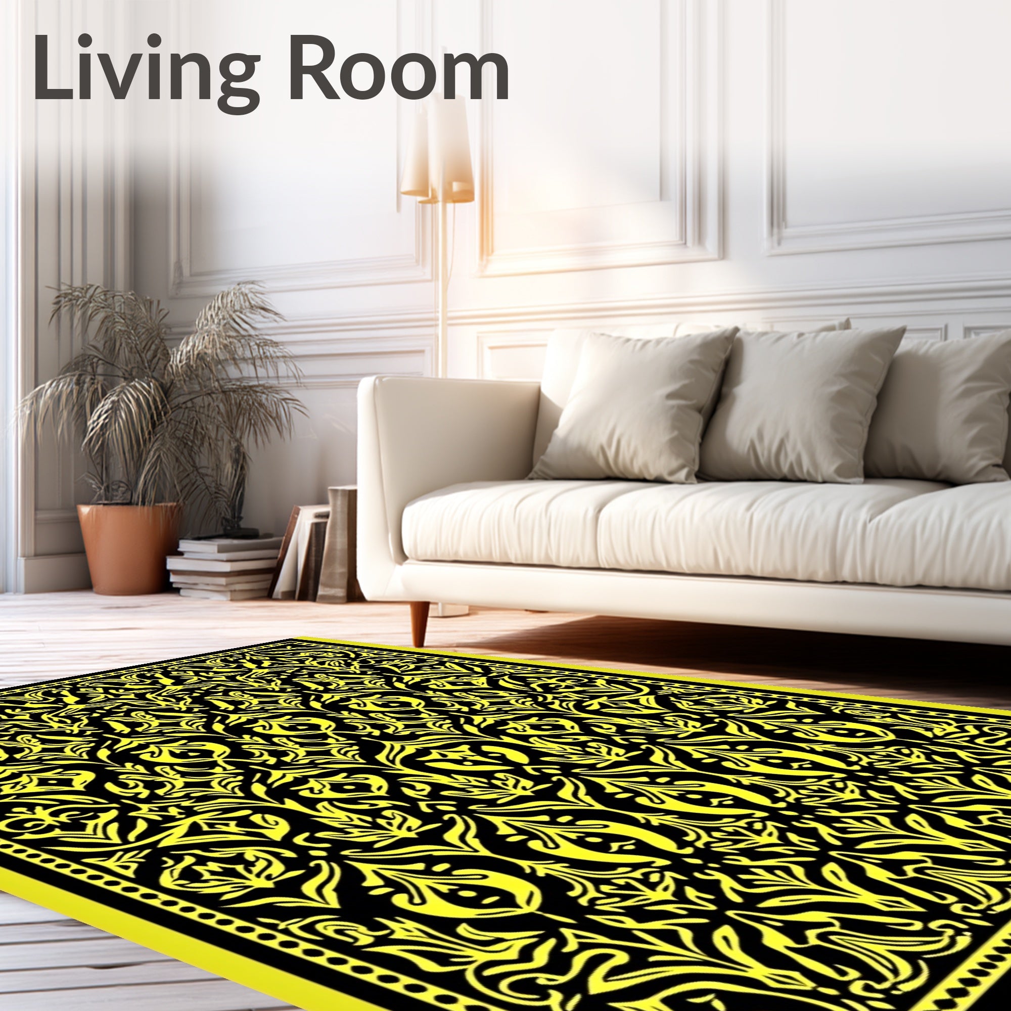 Vibrant Yellow Black Floral Scroll Rug