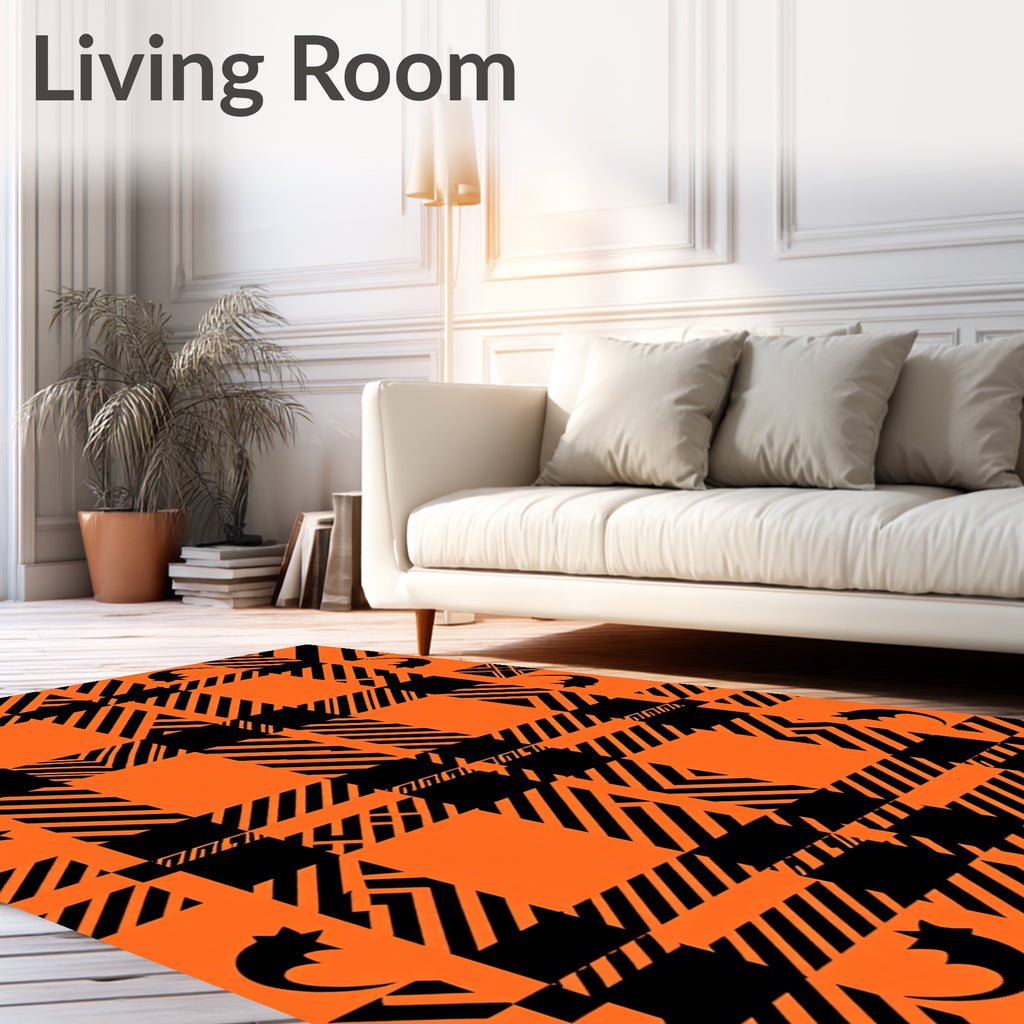 Orange Black Plaid Bat Graphic Rug