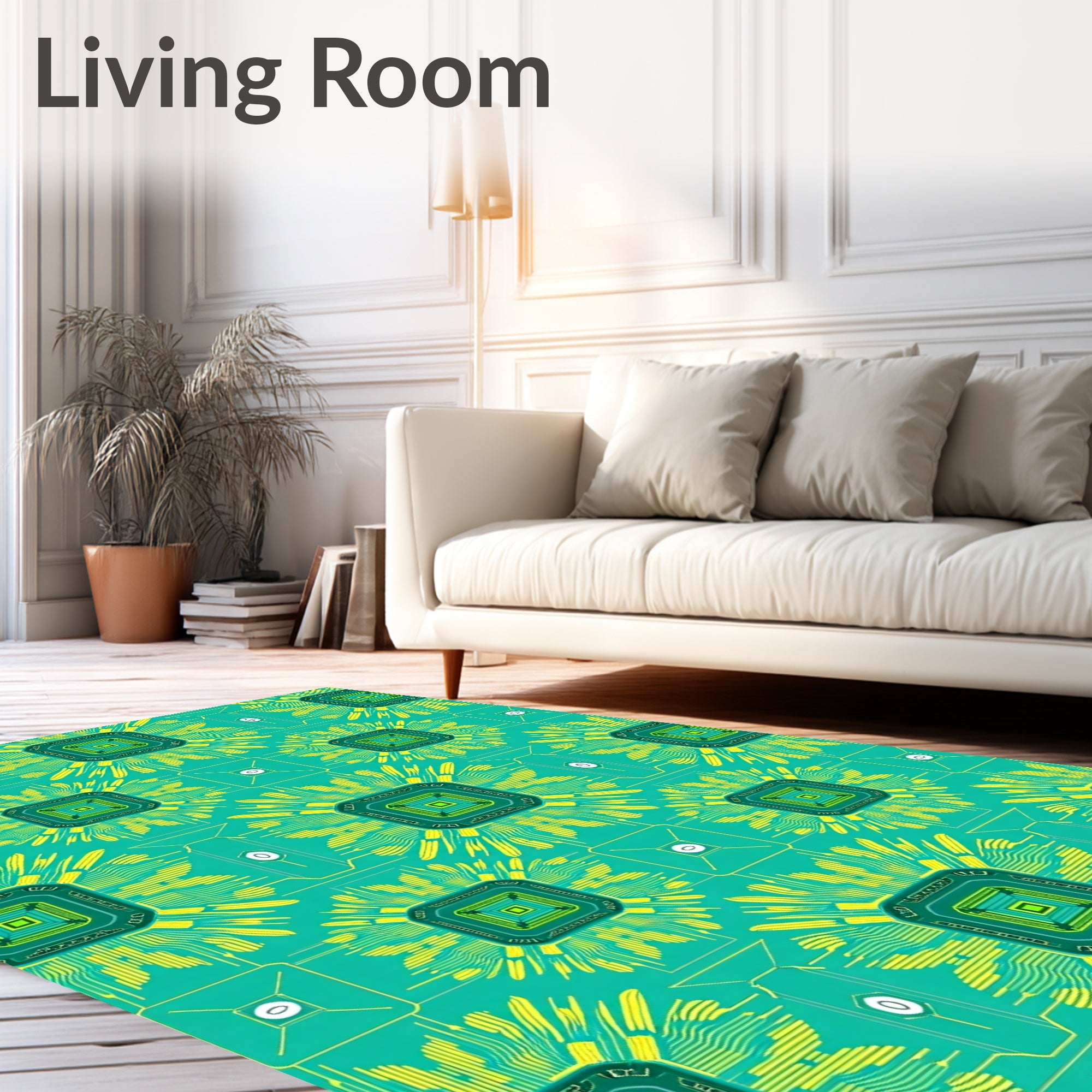Tech Circuit Teal Yellow Square Rug