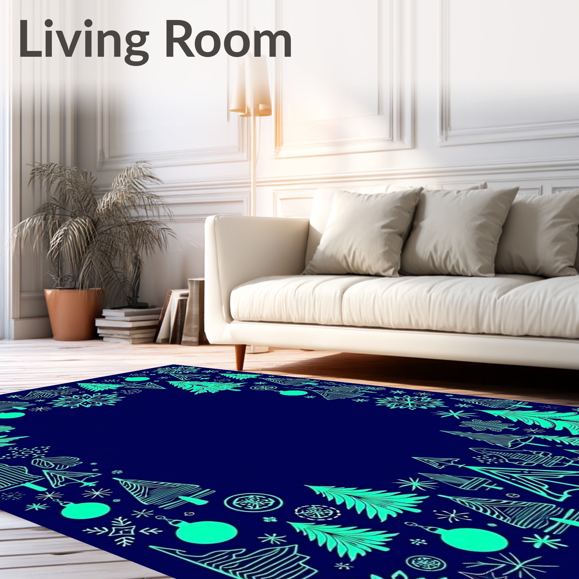 Aqua Trees and Snowflakes Border Rug