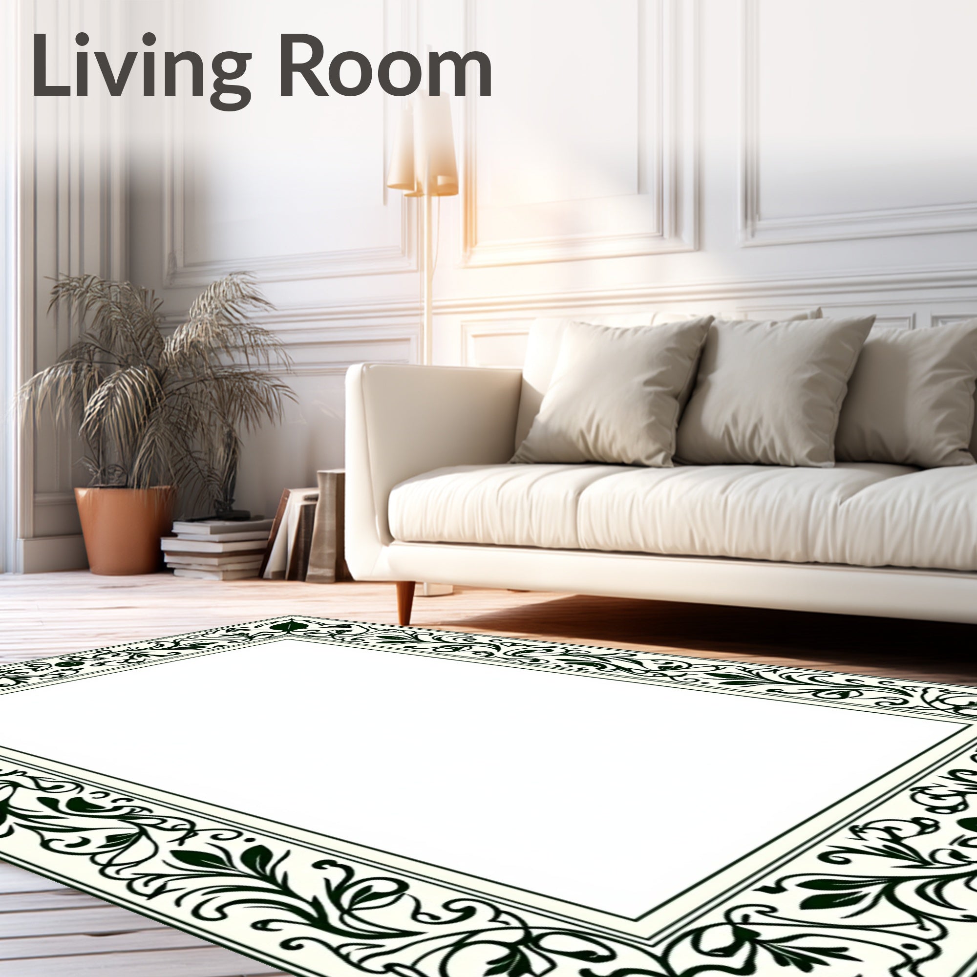 Off-White Green Floral Border Rug