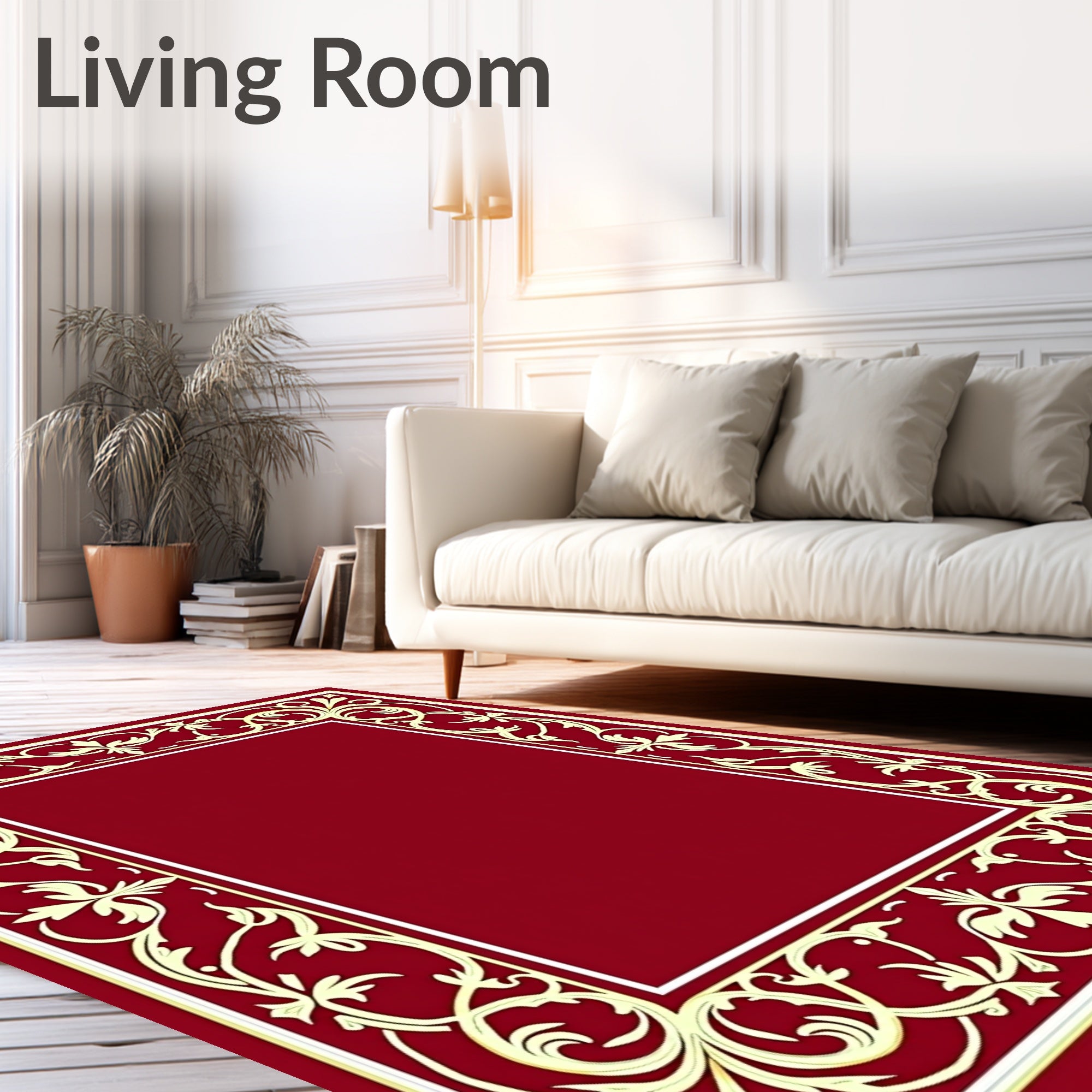 Deep Crimson Floral Scroll Border Rug