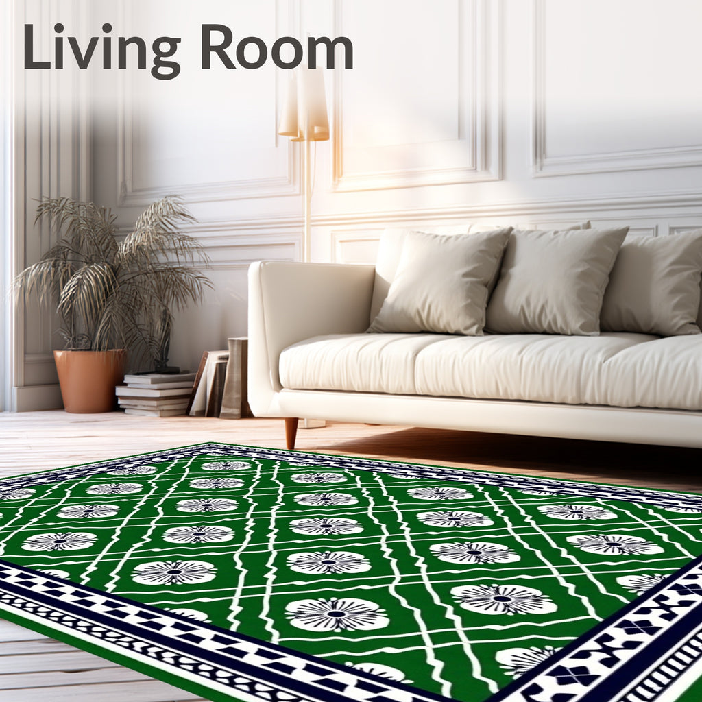 Emerald Green White Floral Lattice Rug