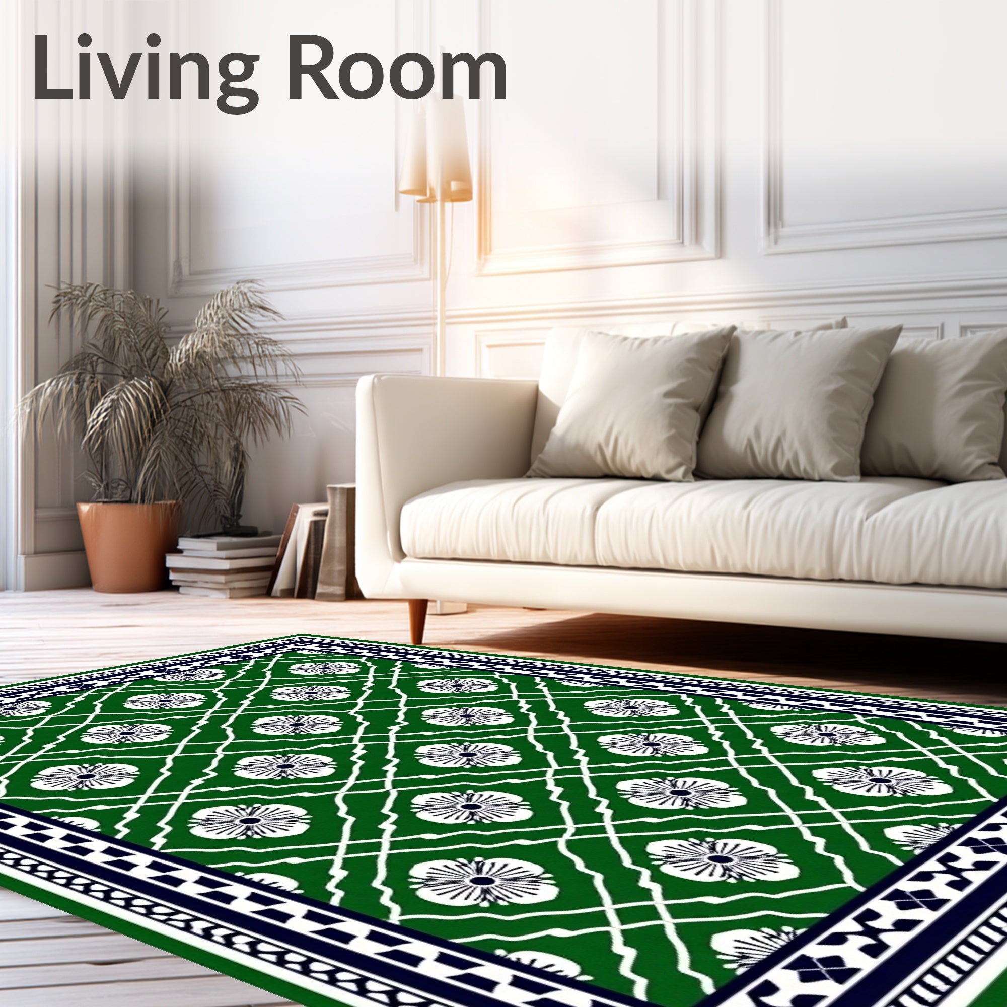 Emerald Green White Floral Lattice Rug