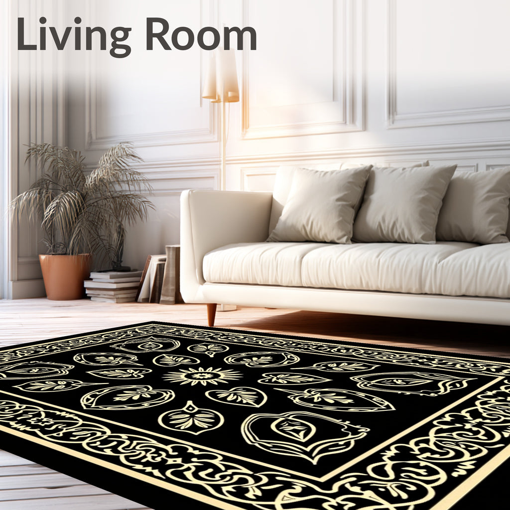 Black and Gold Ornamental Leaf Medallion Rug