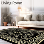 Black and Gold Ornamental Leaf Medallion Rug