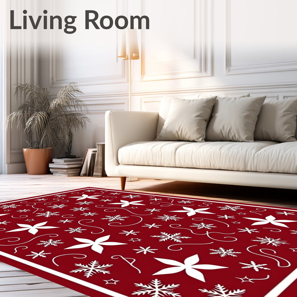 Crimson White Star Snowflake Swirl Accents Rug