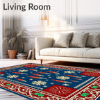 Deep Blue Red Feather Snowflake Border Rug