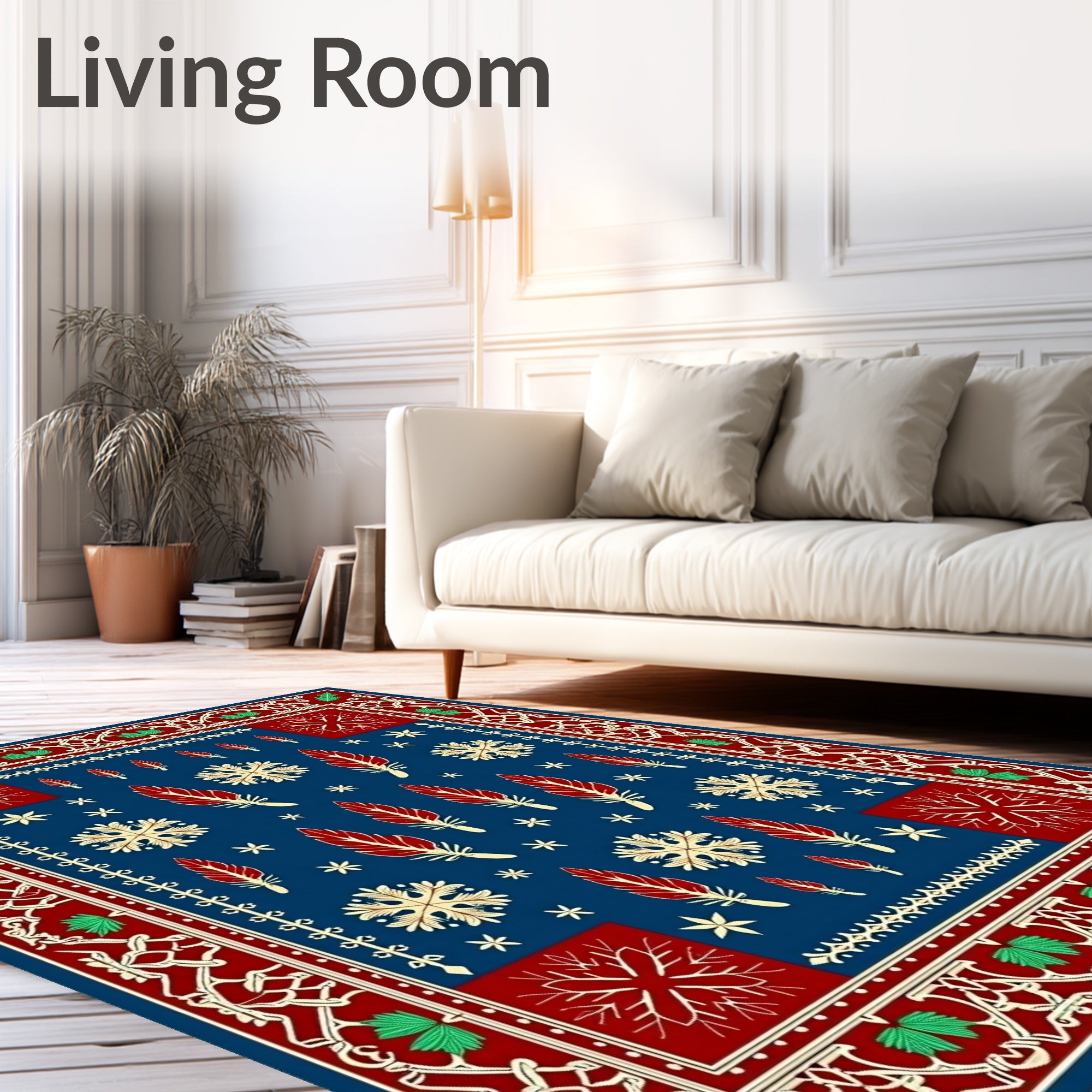 Deep Blue Red Feather Snowflake Border Rug