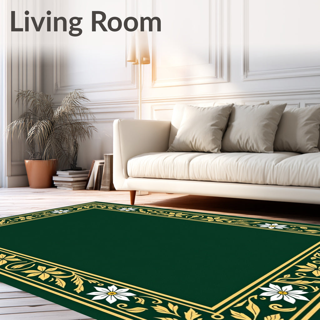 Elegant Green Golden Floral Border Rug