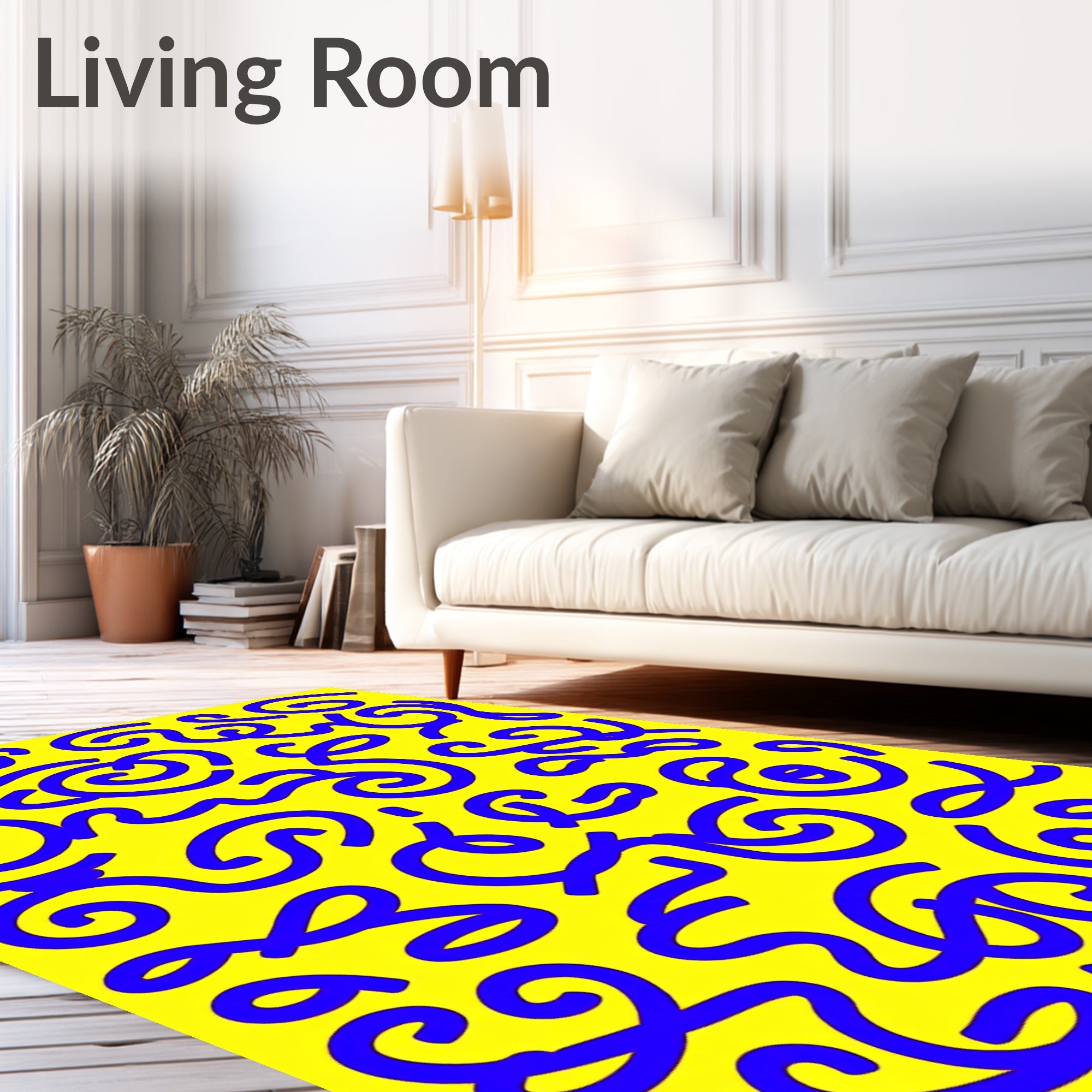 Vibrant Blue Swirls Yellow Abstract Rug