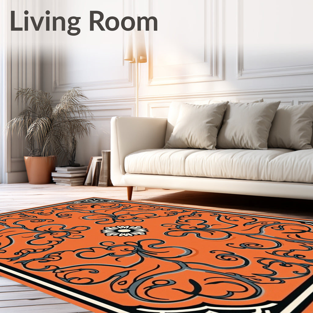 Orange Floral Scroll Medallion Rug