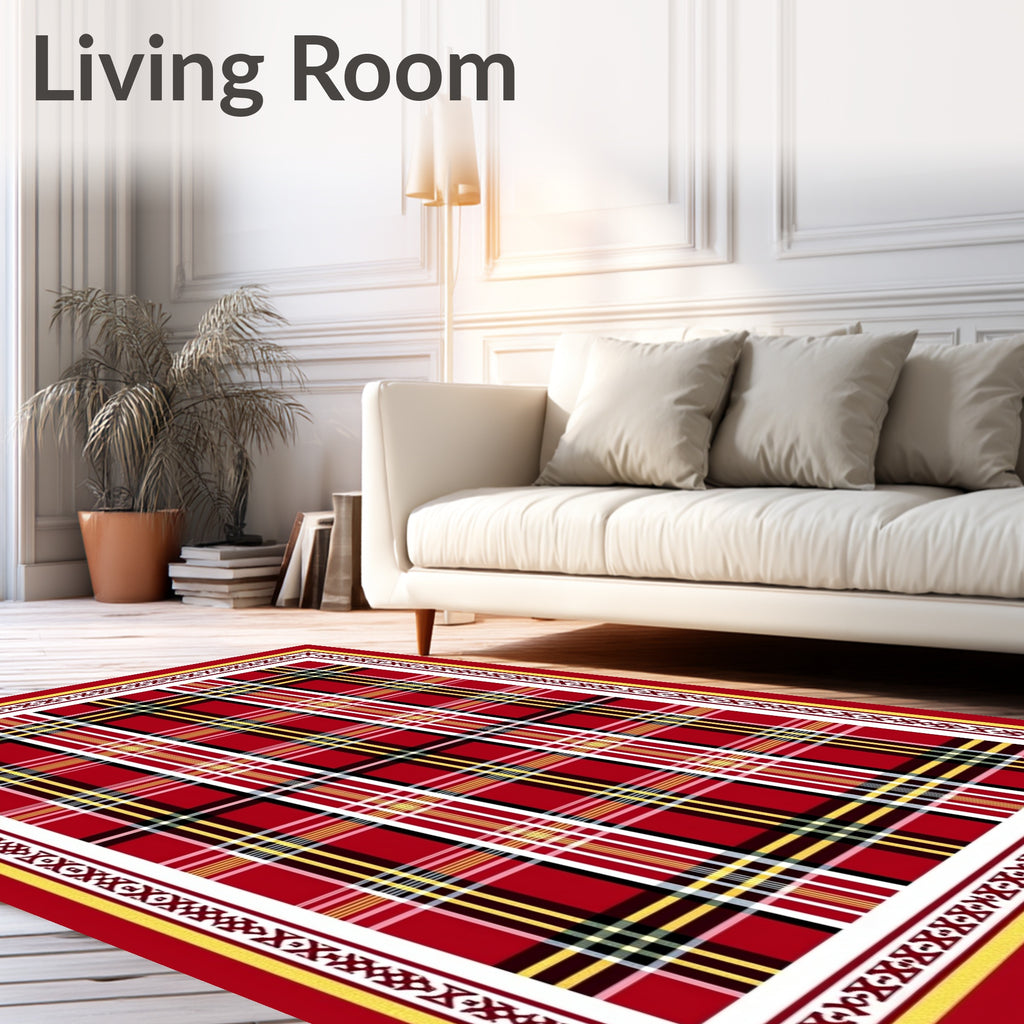 Bold Red Tartan Plaid Border Rug