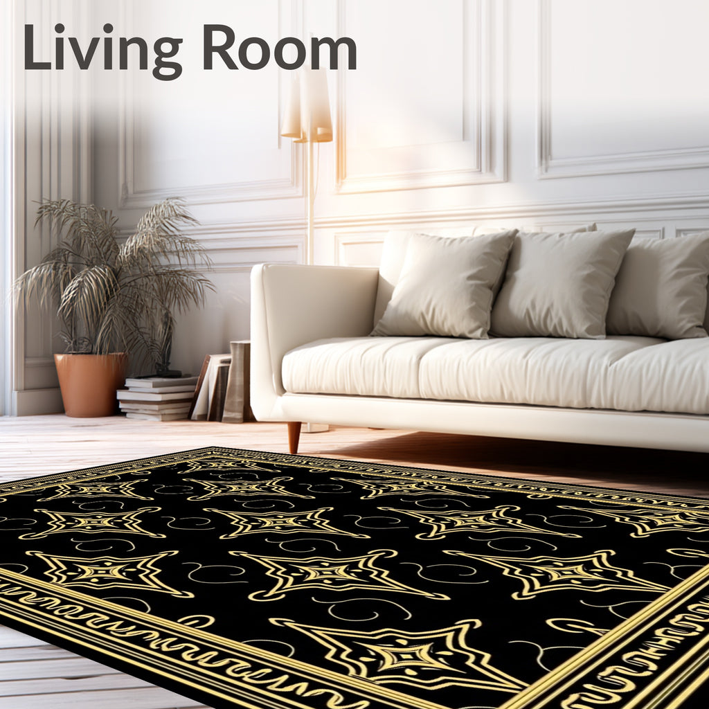 Gold Starburst Black Border Rug