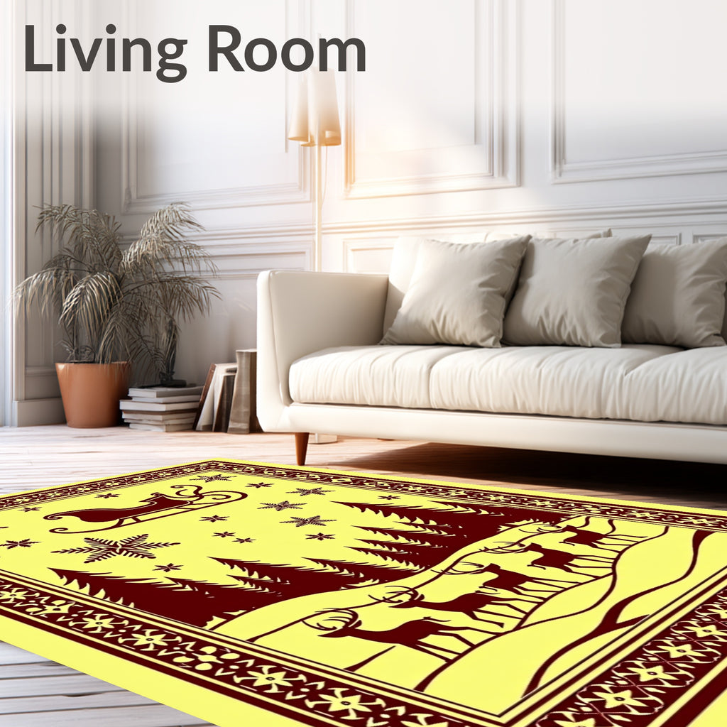 Winter Scene Sleigh Deer Snowflakes Border Rug