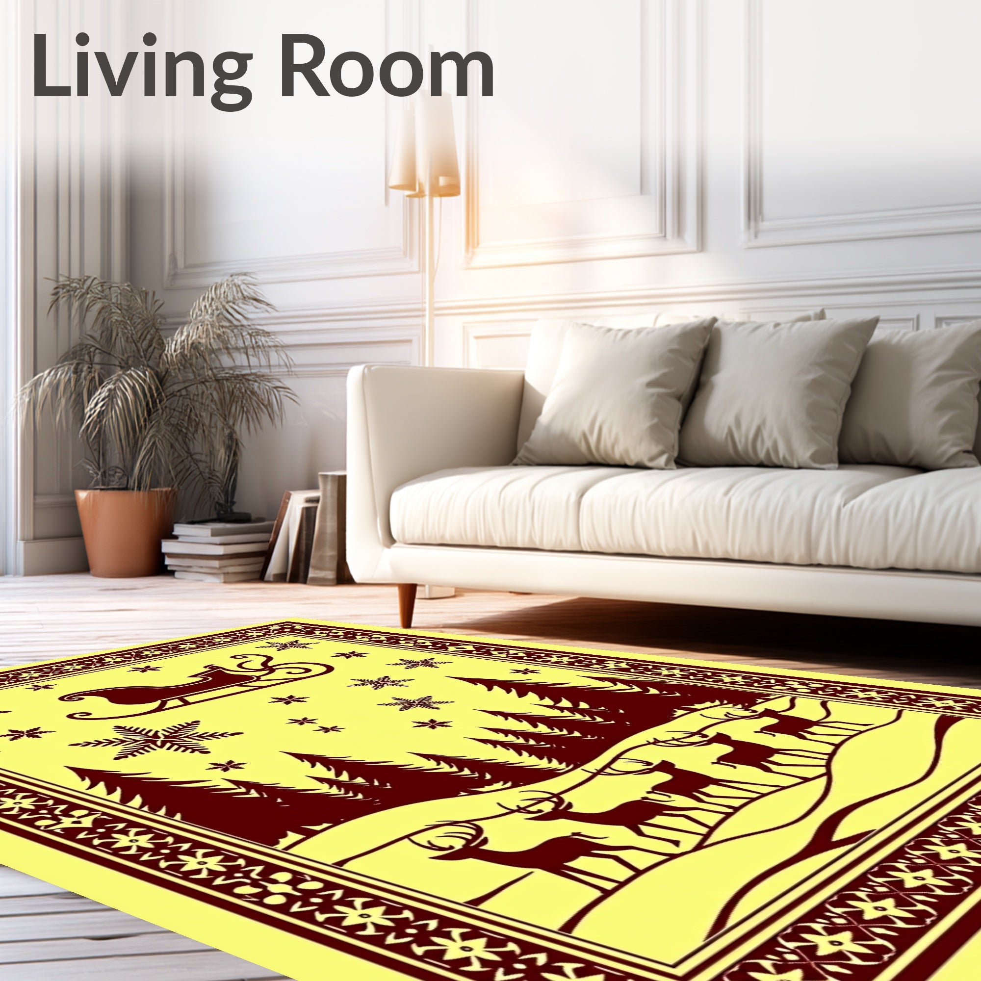 Winter Scene Sleigh Deer Snowflakes Border Rug