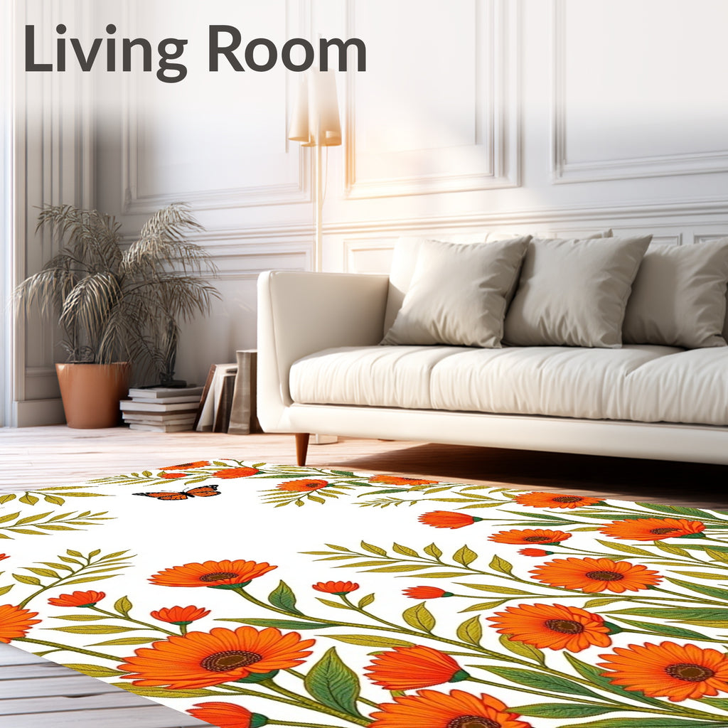Orange Daisy Butterfly Garden Scene Rug