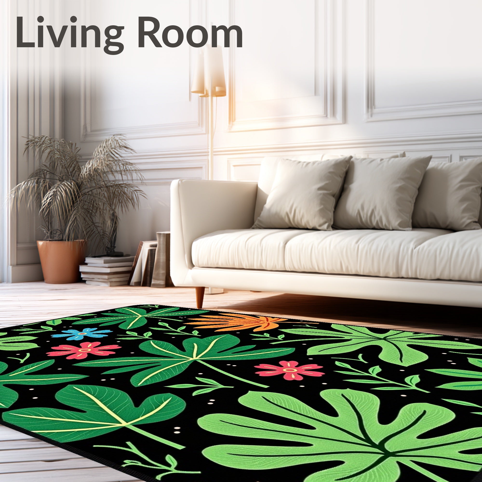 Tropical Jungle Leaf and Flower Array Rug
