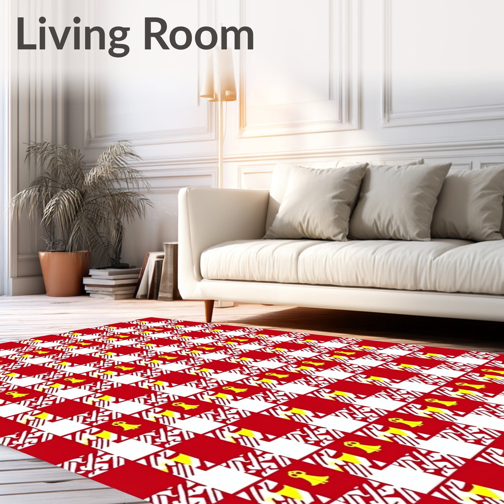 Red White Checkerboard Yellow Figures Rug