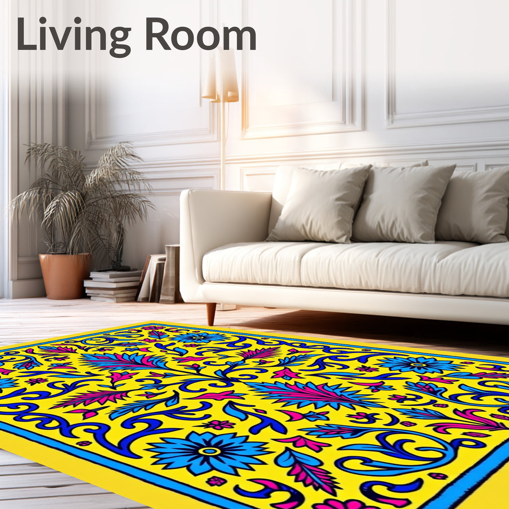 Vibrant Yellow Blue Pink Floral Medallion Rug