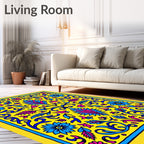 Vibrant Yellow Blue Pink Floral Medallion Rug