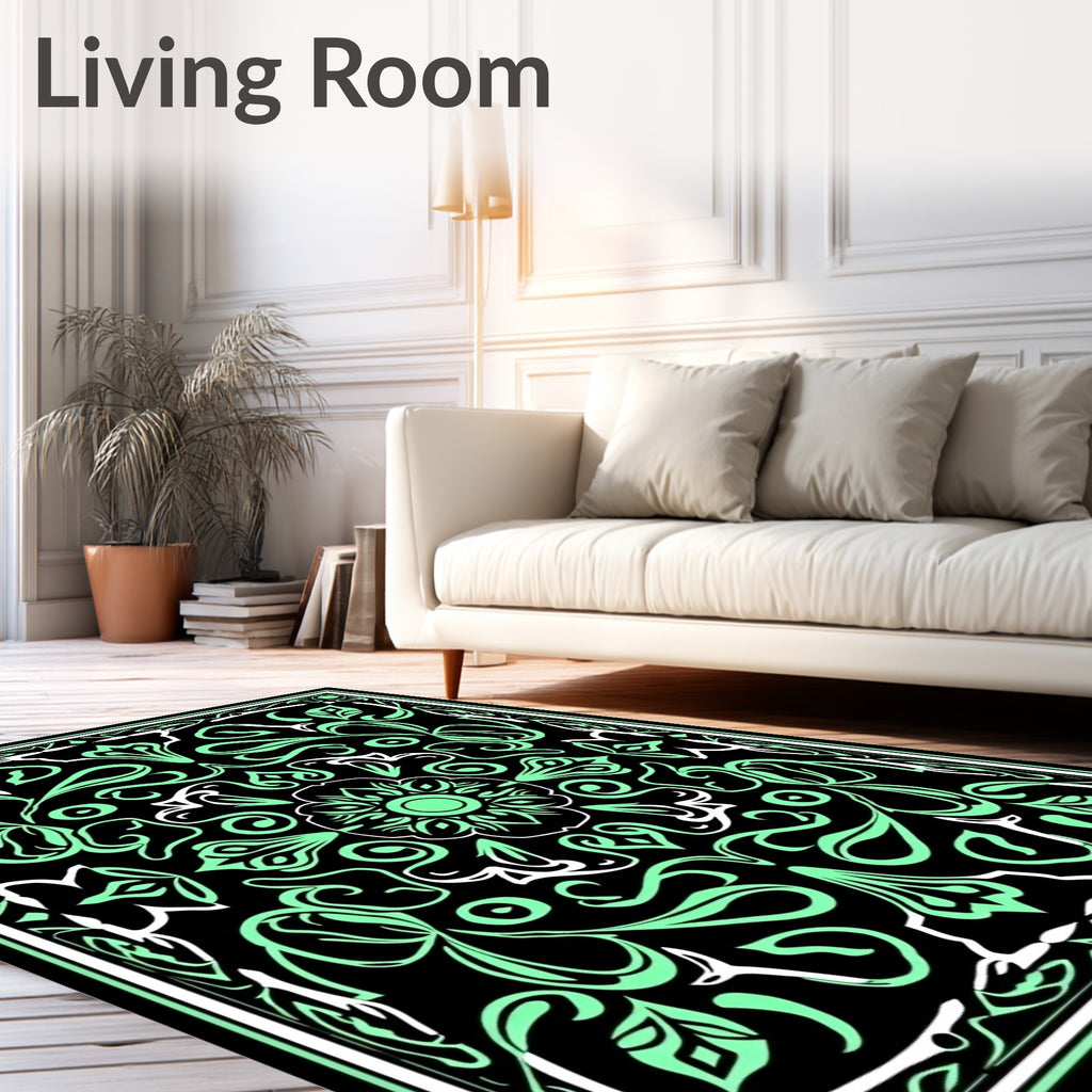 Mint Green Black Floral Scroll Medallion Rug