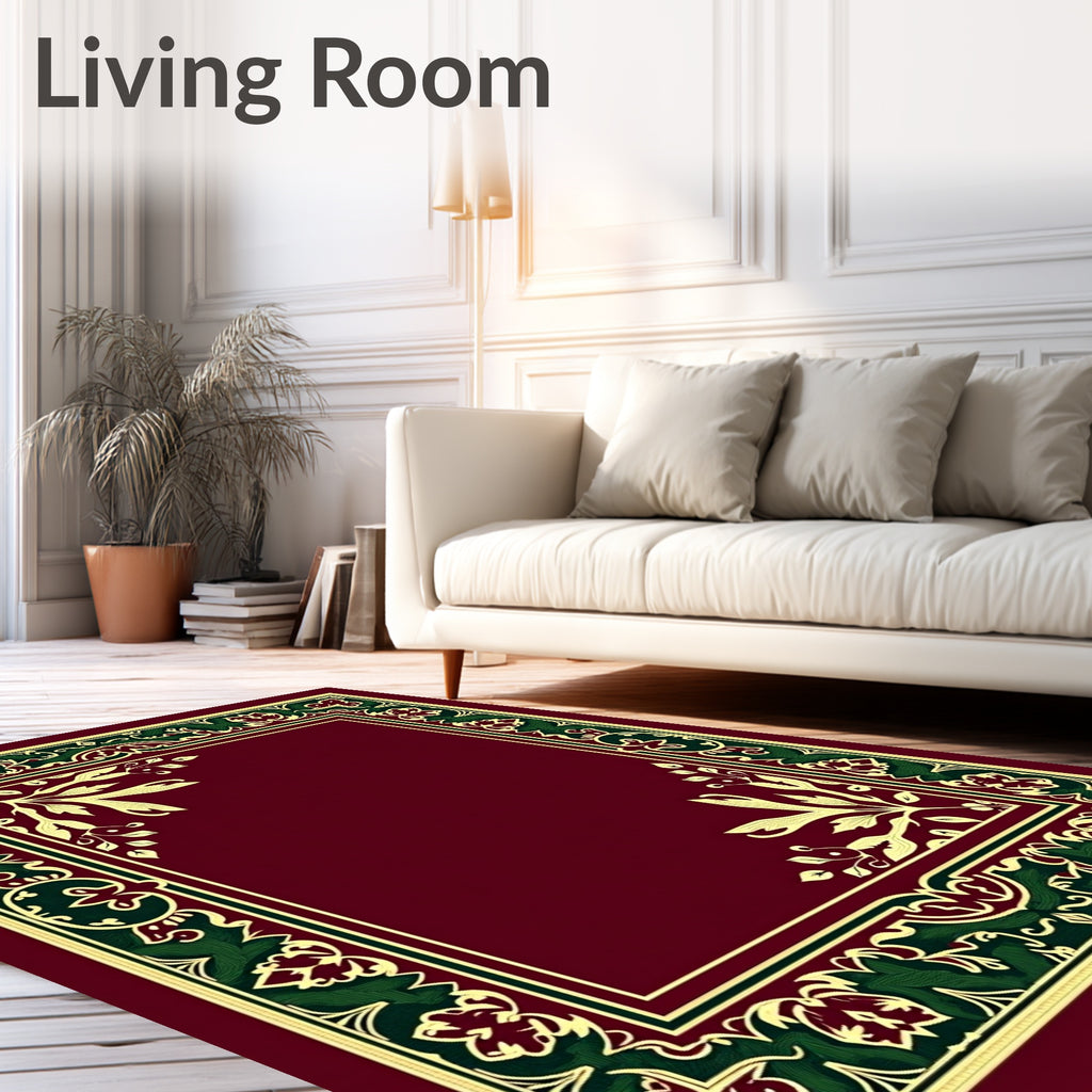 Crimson Green Gold Floral Border Rug
