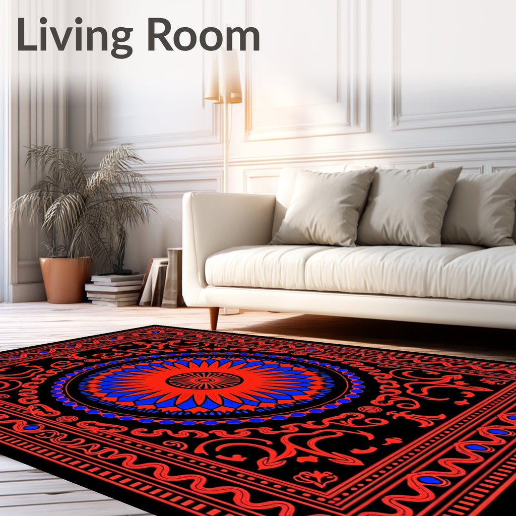 Vibrant Red Blue Sunburst Floral Rug