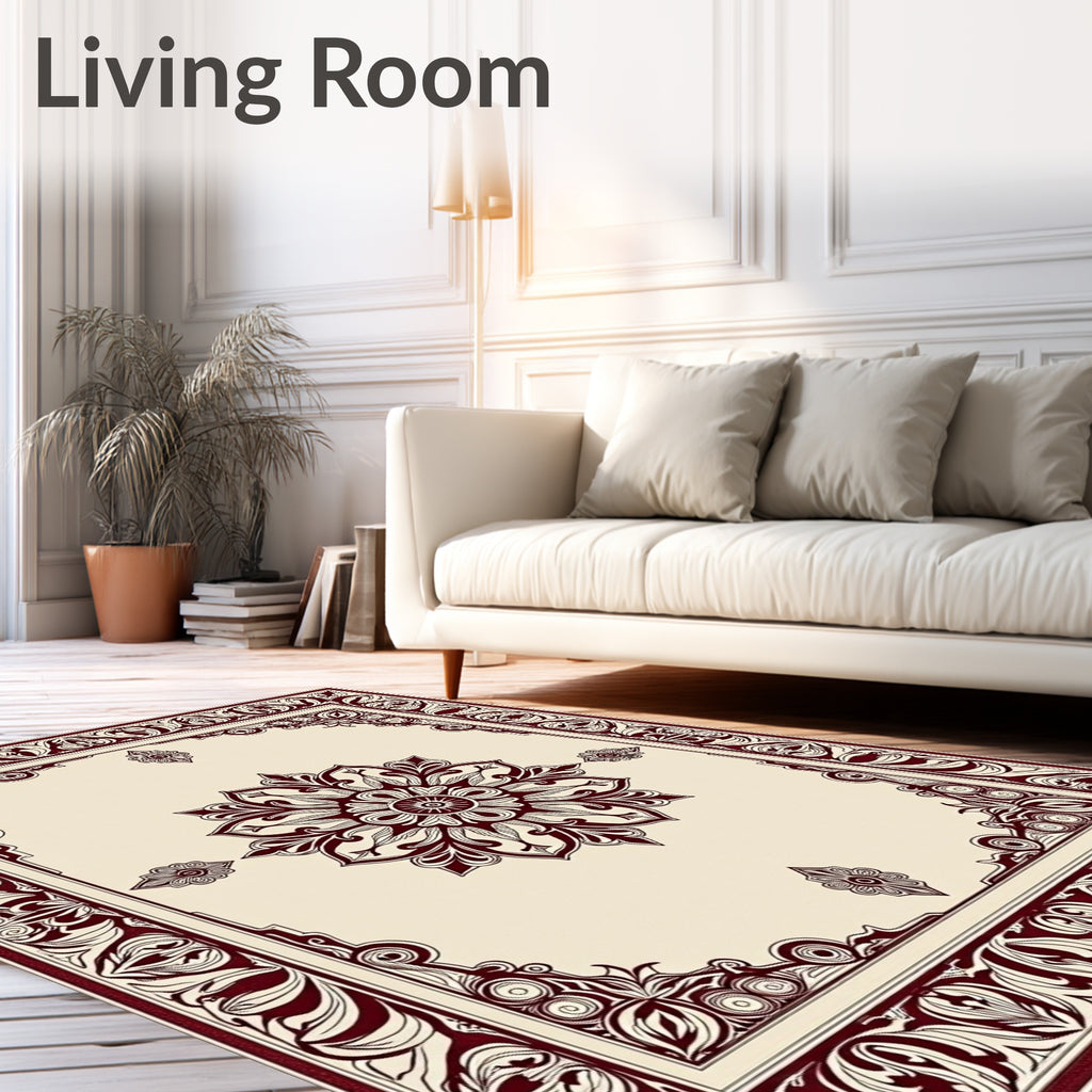 Rich Crimson Floral Medallion Border Rug