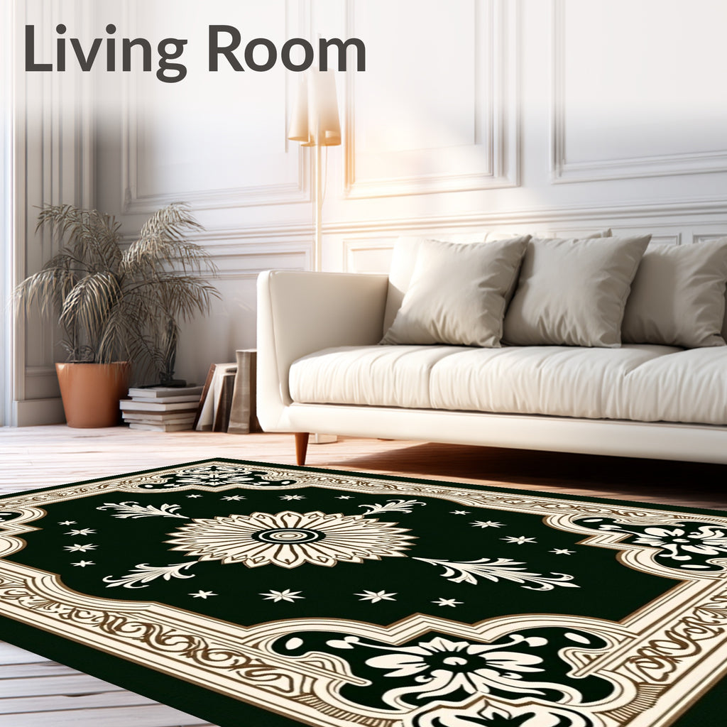 Dark Green Floral Medallion Border Rug