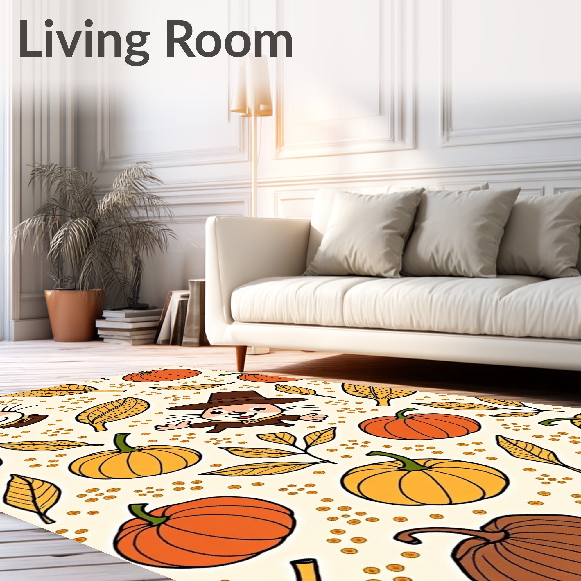 Autumn Pilgrim Critter Pumpkin Leaf Arrangement Rug