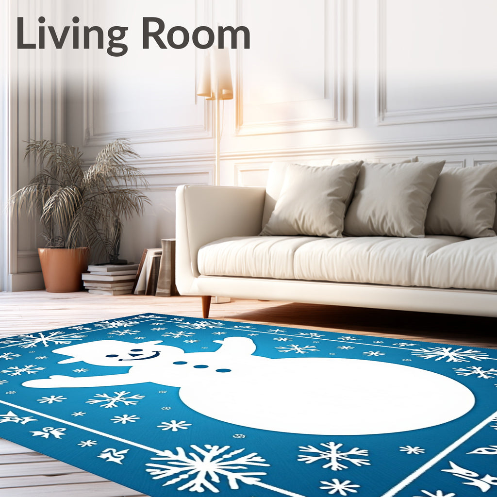 Whimsical White Snowman Blue Snowflake Rug