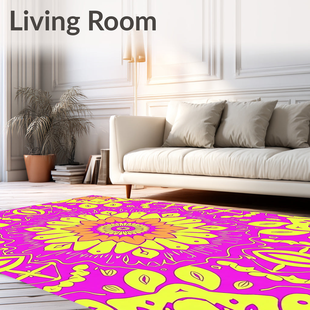 Vibrant Pink Yellow Floral Mandala Rug