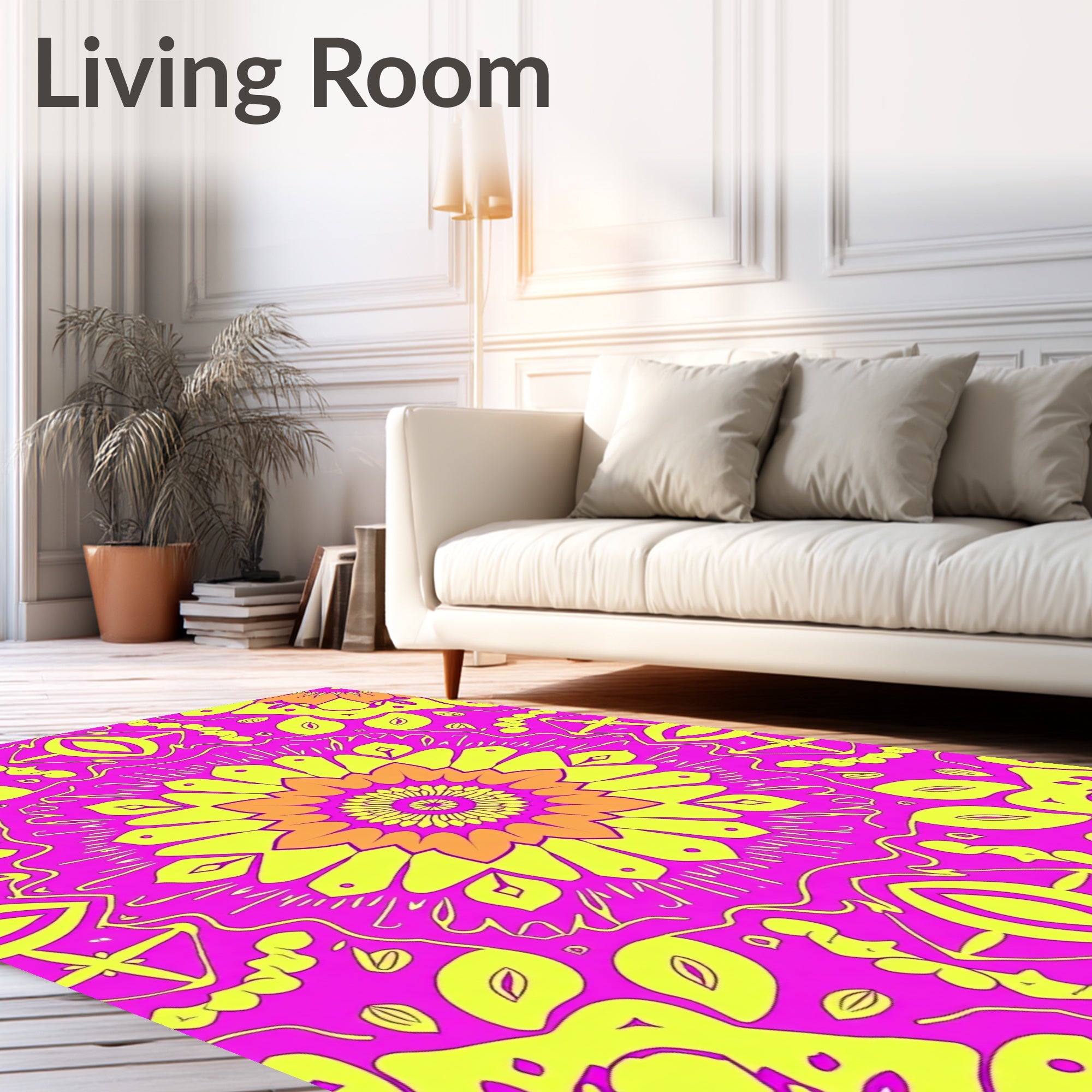 Vibrant Pink Yellow Floral Mandala Rug