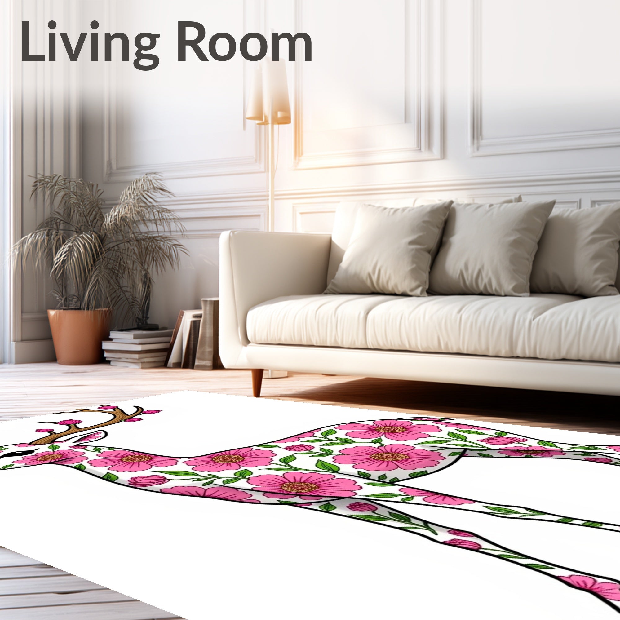 Pink Floral Reindeer White Rug