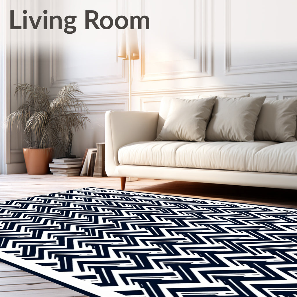 Navy White Herringbone Geometric Rug