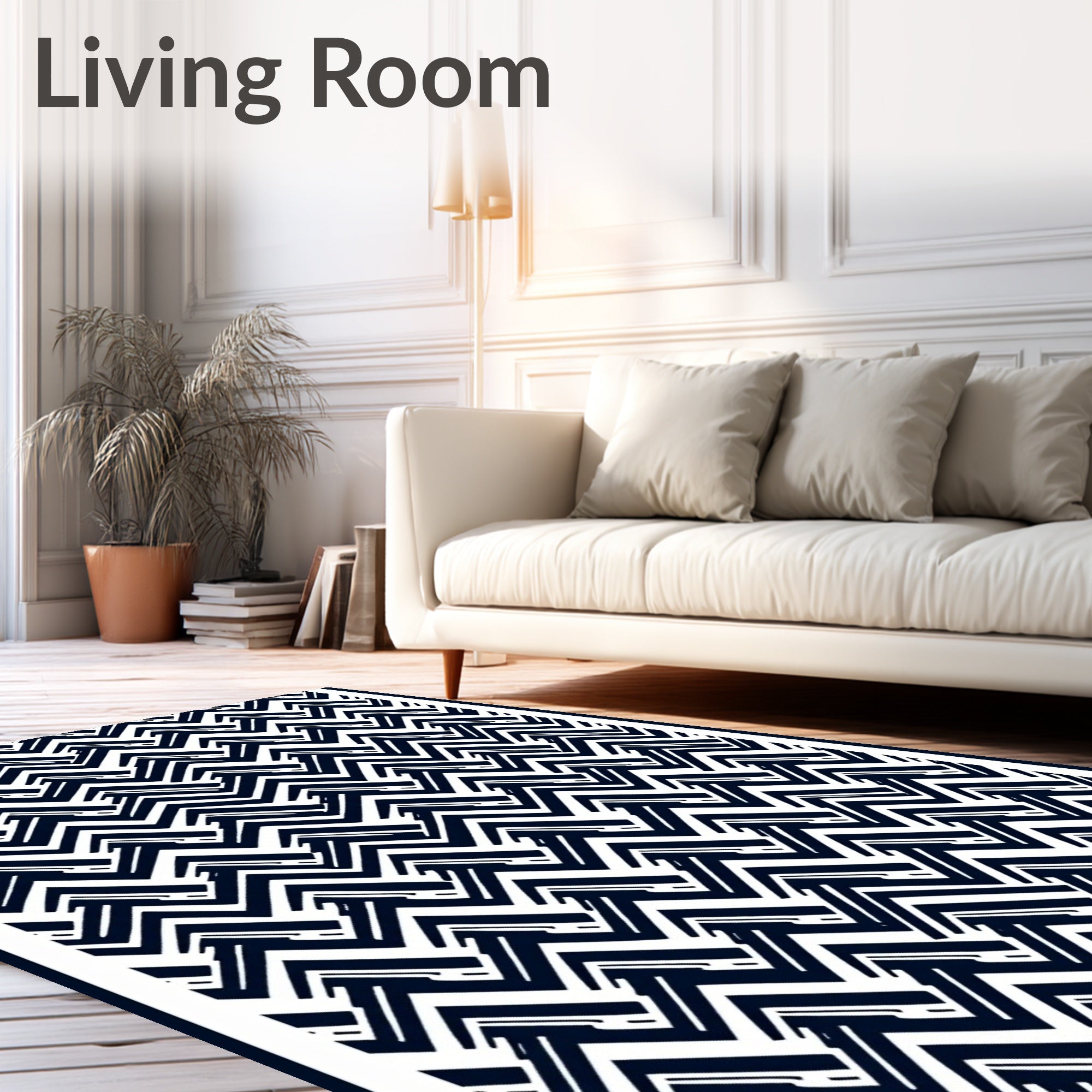 Navy White Herringbone Geometric Rug