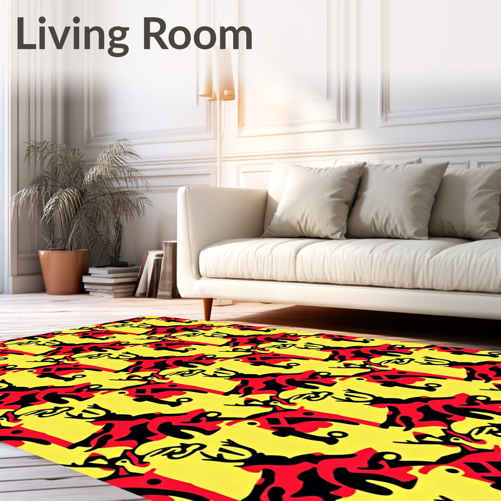 Bold Red Black Deer Motif Yellow Rug