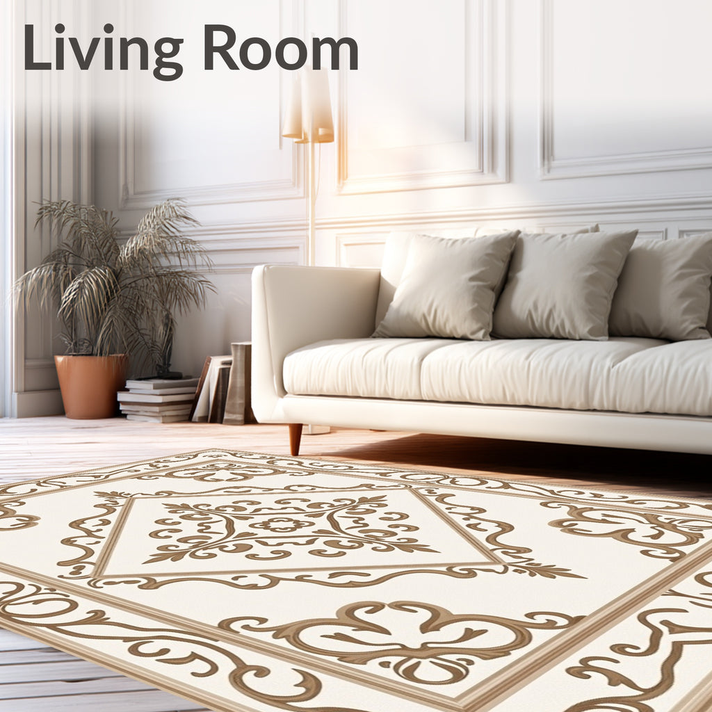 Ornate Cream Brown Scroll Medallion Rug