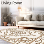Ornate Cream Brown Scroll Medallion Rug