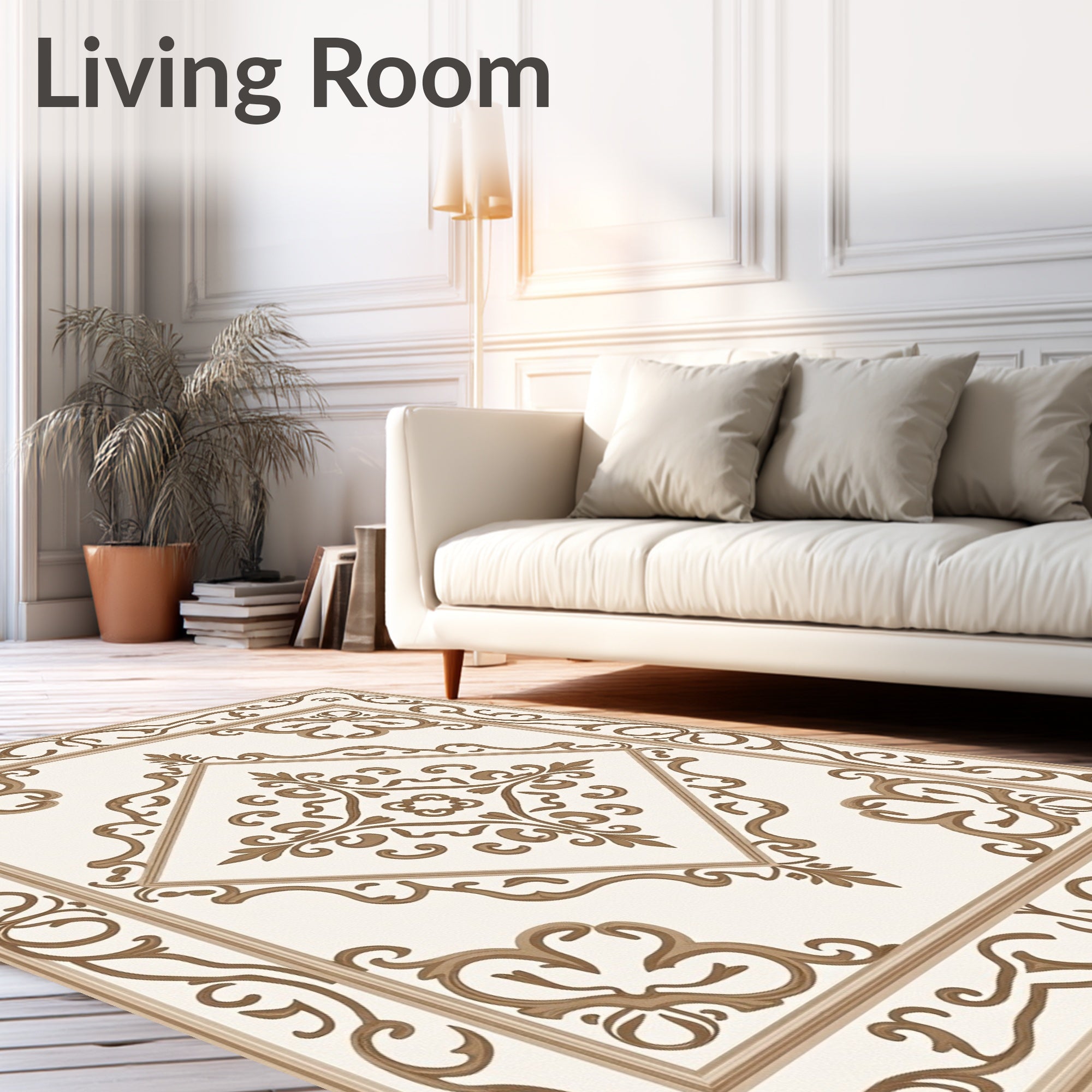 Ornate Cream Brown Scroll Medallion Rug